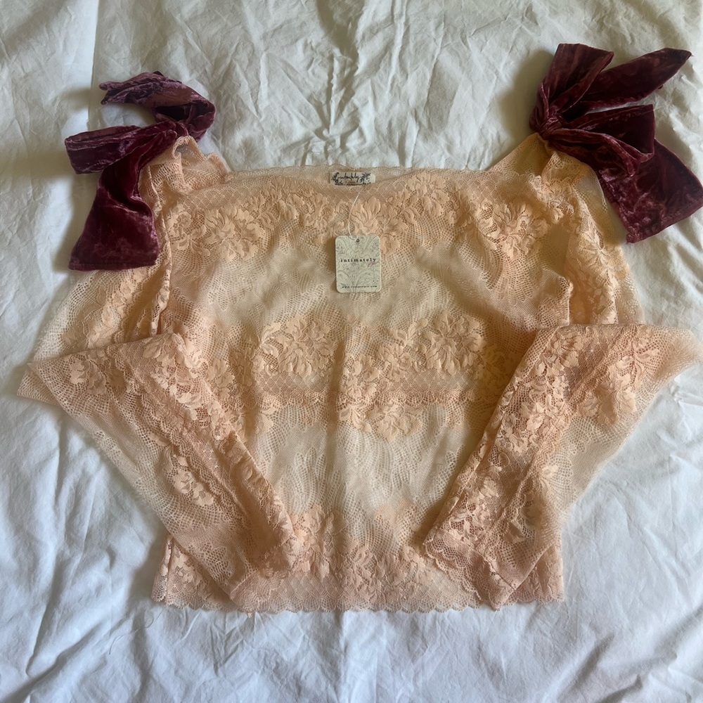 Free People Peach Lace Off-Shoulder Top with Burgundy Velvet Bows